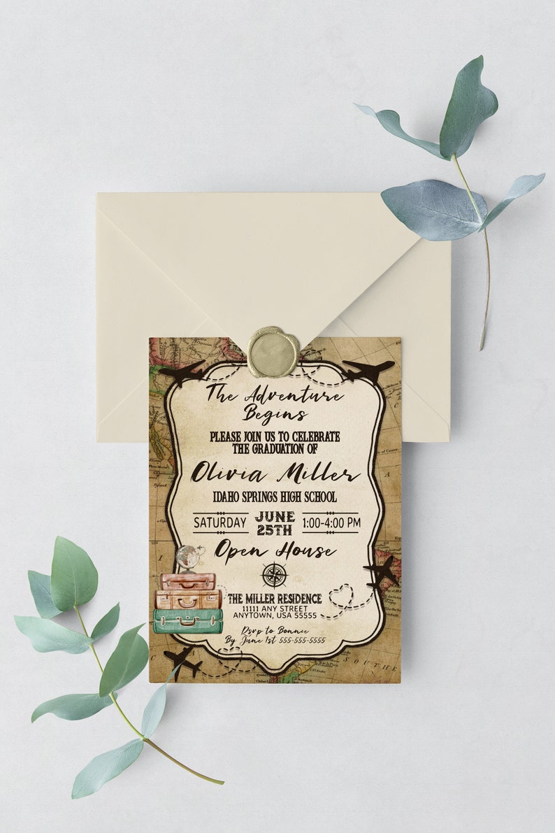 May include: A graduation invitation with a vintage travel theme. The invitation features a map background, suitcases, airplanes, and a compass. The text reads "The Adventure Begins" and includes the graduate's name, Olivia Miller, the date and time of the open house, and the location.