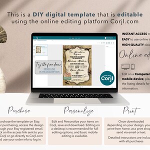 May include: A laptop screen displaying a digital template for an adventure-themed party invitation. The template is editable using the online editing platform Corjl.com. The text on the template reads "The Adventure Begins" and "Olivia Miller".