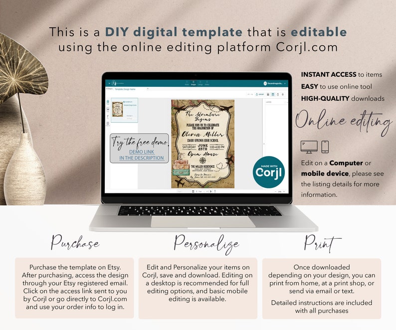 May include: A laptop screen displaying a digital template for an adventure-themed party invitation. The template is editable using the online editing platform Corjl.com. The text on the template reads "The Adventure Begins" and "Olivia Miller".