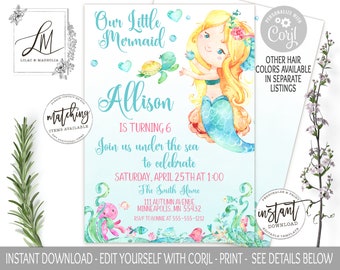 Mermaid Birthday Invitation, Little Mermaid Birthday Party Invite, Editable Girl Under the sea Birthday Template Printable Invitation, Corjl