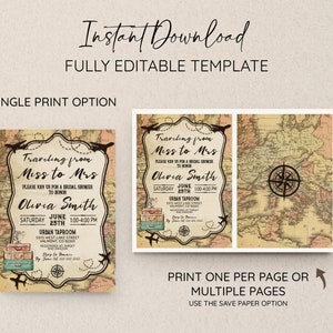 May include: Bridal shower invitation template with a vintage travel theme. The design features a map background, suitcases, and airplanes. The text reads "Traveling from Miss to Mrs" with event details. The invitation is fully editable and available for instant download.