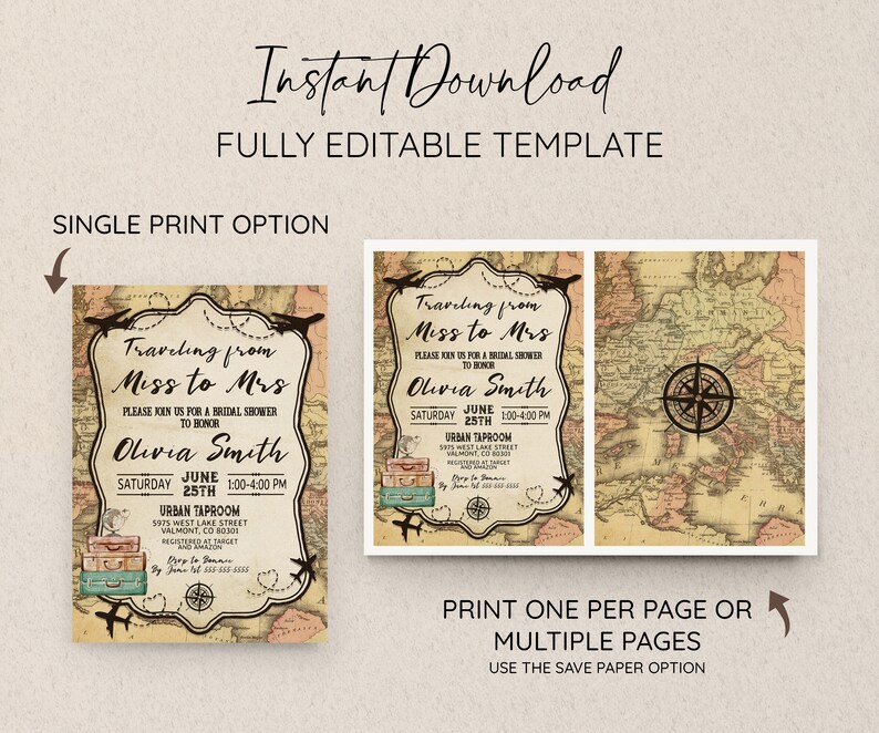 May include: Bridal shower invitation template with a vintage travel theme. The design features a map background, suitcases, and airplanes. The text reads "Traveling from Miss to Mrs" with event details. The invitation is fully editable and available for instant download.