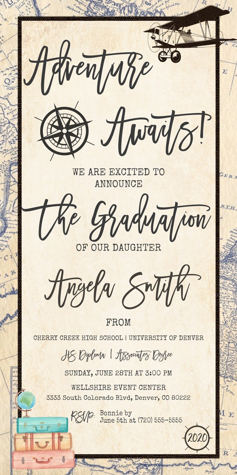 Adventure Awaits Photo Graduation Invitation, Custom Listing for 5x7 and 4x8 graduation invitation and 4x5 Advice For the Graduate template image 3