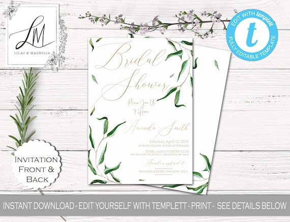 eucalyptus bridal shower invitation template greenery bridal shower invitation eucalyptus and gold bridal shower invitation templett diy template invitations