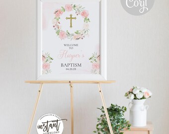 Blush Pink Floral Baptism Welcome Sign (Digital Download)
