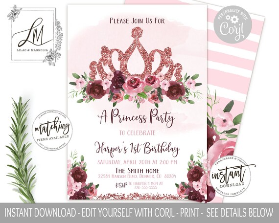 Princess Birthday Invitation: Burgundy Floral, Rose Gold Crown (Editable at Corjl)