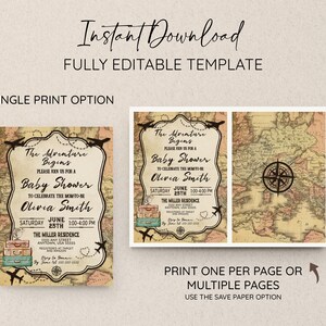 May include: Printable baby shower invitation featuring a vintage world map background with airplanes, luggage, and a compass. The text reads "The Adventure Begins" and includes the baby shower details: date, time, location, and the name "Olivia Smith".