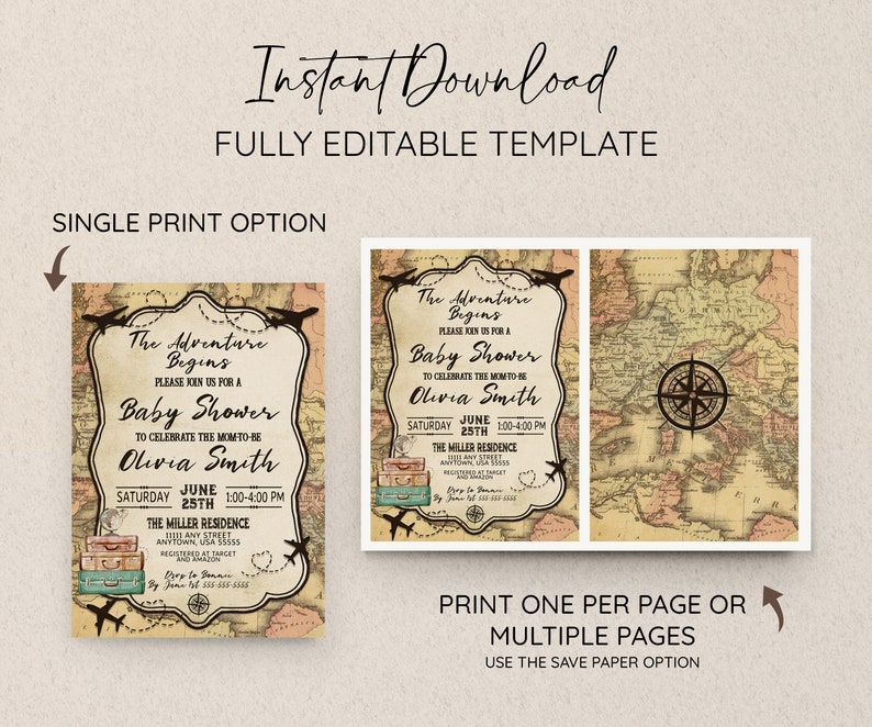 May include: Printable baby shower invitation featuring a vintage world map background with airplanes, luggage, and a compass. The text reads "The Adventure Begins" and includes the baby shower details: date, time, location, and the name "Olivia Smith".