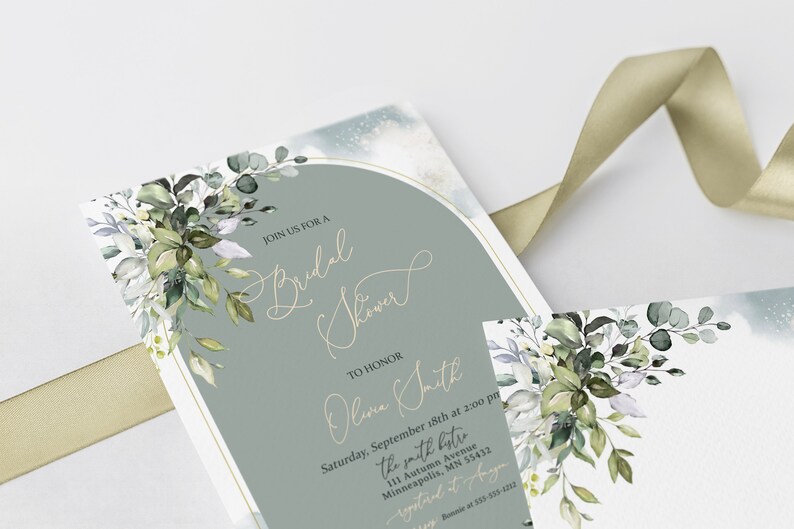 May include: A green and white floral design with a gold arch on a light blue background. The text reads "Join us for a Bridal Shower to honor Olive Smith, Saturday, September 18th at 2:00 pm, the smith bytre, 111 Autumn Avenue, Minneapolis, MN 55432, registered at Ange".