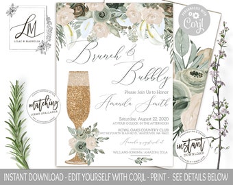 Brunch and Bubbly Bridal Shower Invitation: Sage Green & Gold (Digital Download)