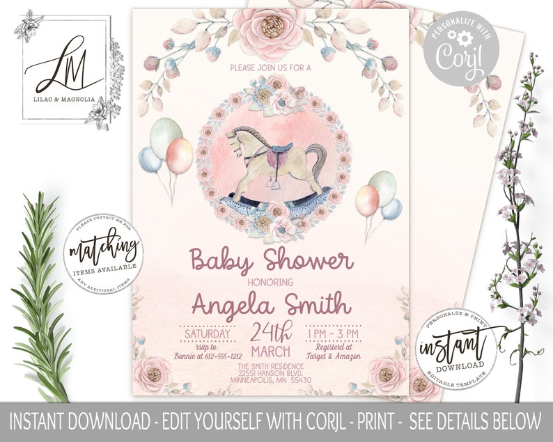 Pink Rocking Horse Baby Shower Invitation Template Girl Baby Etsy