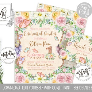 Enchanted Garden Birthday Invitation Templates, Flower Garden Party Theme, Floral First Birthday, Pink and Rose Gold, Butterfly, Edit Corjl