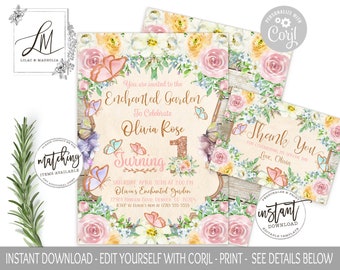 Enchanted Garden Birthday Invitation Templates, Flower Garden Party Theme, Floral First Birthday, Pink and Rose Gold, Butterfly, Edit Corjl