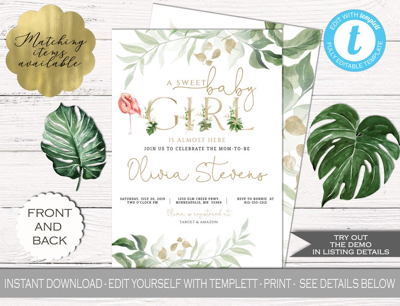 Gold Letters Baby Shower Invitation Template Greenery | Etsy