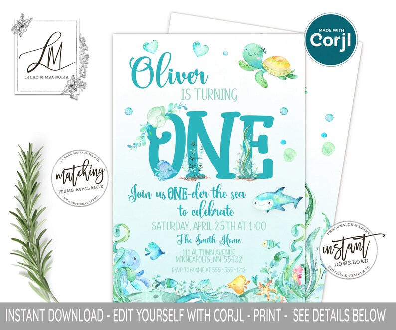 Peut inclure: Une invitation de f&ecirc;te d'anniversaire pour un premier anniversaire sur le th&egrave;me de la mer, en bleu et vert, avec le texte "Oliver a un an" et une adorable tortue de mer en dessin anim&eacute;. L'invitation comprend les d&eacute;tails de la f&ecirc;te, y compris la date, l'heure et le lieu. L'invitation est r&eacute;alis&eacute;e avec Corjl et est un t&eacute;l&eacute;chargement instantan&eacute;.
