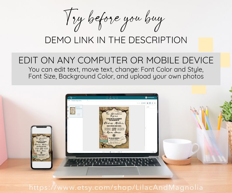 May include: A digital mockup of a printable invitation for a travel-themed event. The invitation features a vintage-style design with a compass, airplane, and the text "The Adventure Begins". The invitation is customizable with text, colors, and photos.