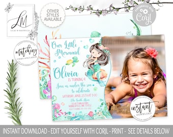 Editable Mermaid Birthday Invitation, Photo Birthday Invitation, Little Mermaid Under the sea Birthday Template, Printable Invitation, Corjl