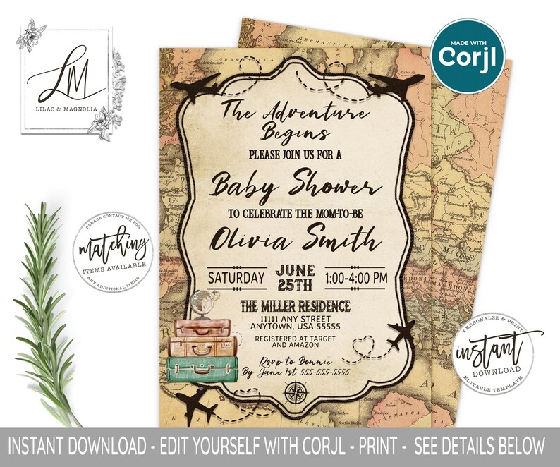 May include: A vintage-style baby shower invitation with a world map background. The invitation features a brown luggage tag with the text "The Adventure Begins" and a brown luggage tag with the text "Baby Shower". The invitation also features a brown luggage tag with the text "Olivia Smith" and a brown luggage tag with the text "June 25th".