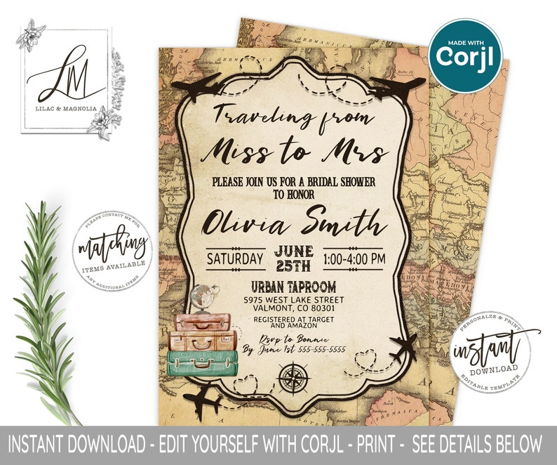May include: Bridal shower invitation with a vintage travel theme. The invitation features a map background, decorative frame, and text that reads "Traveling from Miss to Mrs." Includes event details, name, date, time, and location. The invitation also has a stack of suitcases and a globe.