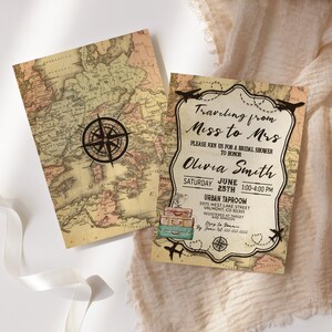 May include: Two vintage-style bridal shower invitations. One features a map with a compass rose, the other has text: "Traveling from Miss to Mrs" with event details. The invitations have a travel theme with airplane and luggage graphics.