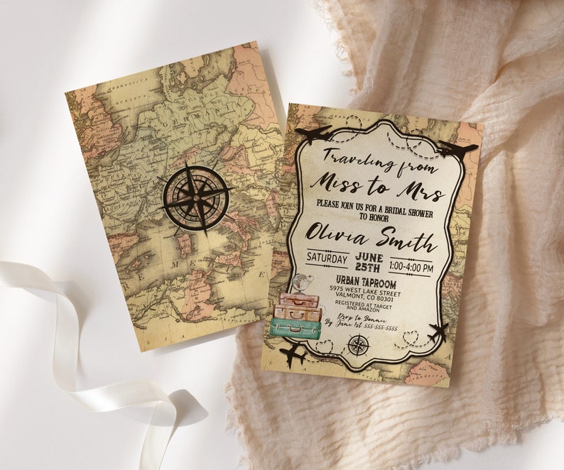 May include: Two vintage-style bridal shower invitations. One features a map with a compass rose, the other has text: "Traveling from Miss to Mrs" with event details. The invitations have a travel theme with airplane and luggage graphics.