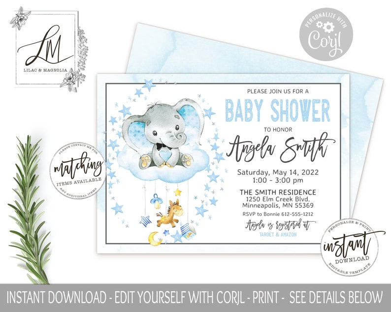 Blue Elephant Baby Shower Invitation Template Editable Etsy