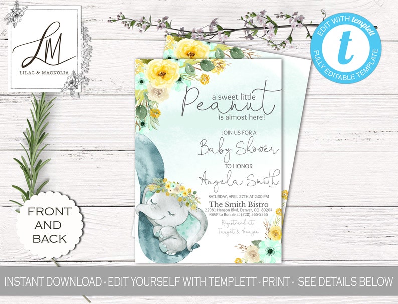 Elephant Baby Shower Invitation Template Yellow Fl Mint And Boy Or Girl Edit Templett