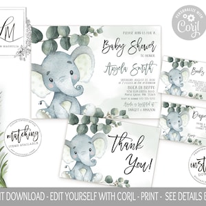 Eucalyptus Elephant Baby Shower Invitation Suite, Editable Template, Green Elephant, Invitation Printable, Greenery Baby Shower, Edit Corjl image 1