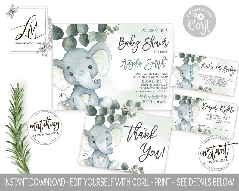 Eucalyptus Elephant Baby Shower Invitation Suite, Editable Template, Green Elephant, Invitation Printable, Greenery Baby Shower, Edit Corjl image 1