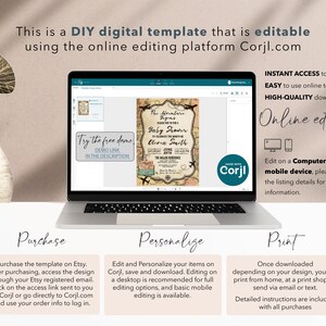 May include: A laptop computer screen displaying a digital template for a baby shower invitation. The template features a vintage travel theme with an airplane, luggage, and a map. The text on the template reads "The Adventure Begins Baby Shower". The laptop screen also displays the text "Try the free demo" and "DEMO LINK IN THE DESCRIPTION".