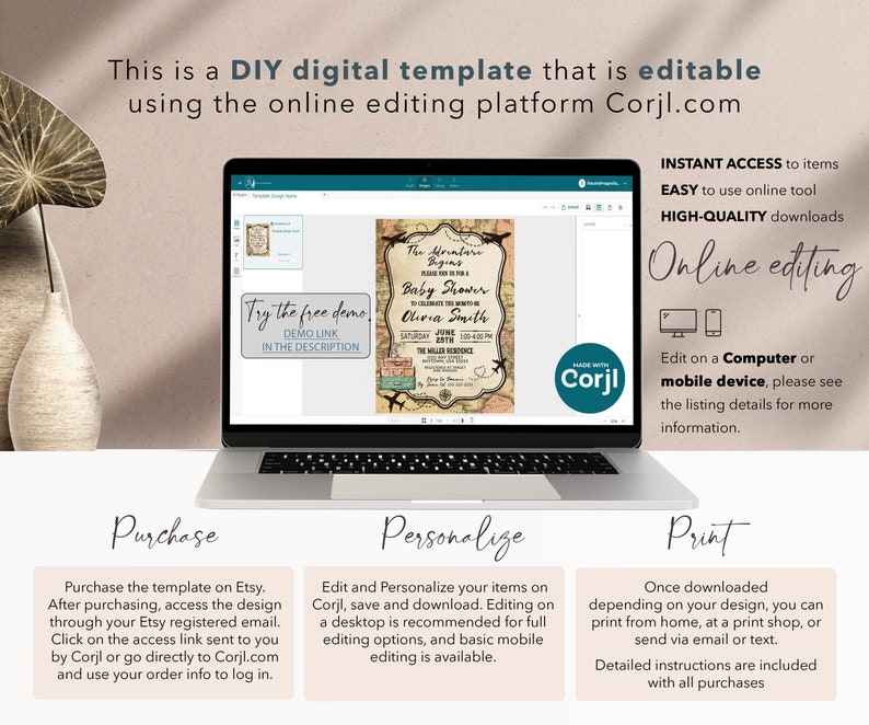 May include: A laptop computer screen displaying a digital template for a baby shower invitation. The template features a vintage travel theme with an airplane, luggage, and a map. The text on the template reads "The Adventure Begins Baby Shower". The laptop screen also displays the text "Try the free demo" and "DEMO LINK IN THE DESCRIPTION".