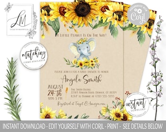 Sunflower Elephant Baby Shower Invitation, Template Download, Yellow Elephant Invite, Sunflower Baby Shower, Boy or Girl, Edit with Corjl