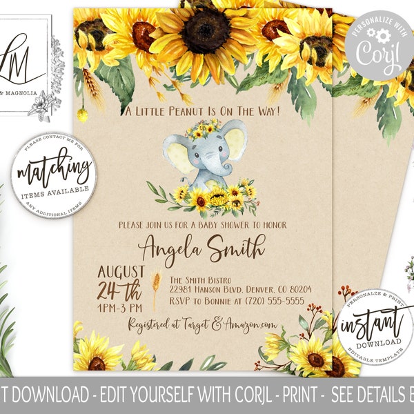 Sunflower Elephant Baby Shower Invitation, Template Download, Yellow Elephant Invite, Sunflower Baby Shower, Boy or Girl, Edit with Corjl