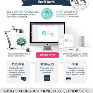 May include: A graphic showing how to use the Corjl online tool to personalize and print designs. The graphic shows a computer screen, a tablet, and a phone, all displaying a design with the text "Corjl". The graphic also includes text explaining the steps involved in purchasing, personalizing, and printing designs.
