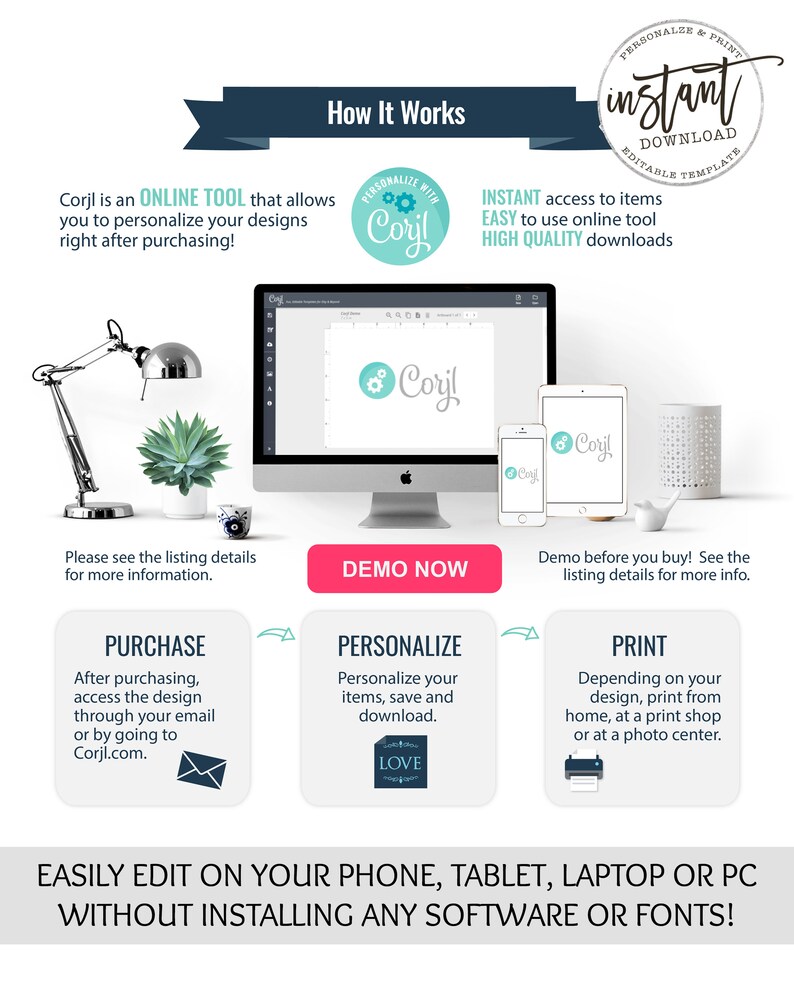 May include: A graphic showing how to use the Corjl online tool to personalize and print designs. The graphic shows a computer screen, a tablet, and a phone, all displaying a design with the text "Corjl". The graphic also includes text explaining the steps involved in purchasing, personalizing, and printing designs.