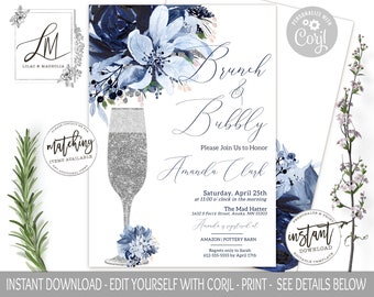 Navy Floral Bridal Shower Invitation: Silver Glitter Champagne (Digital)