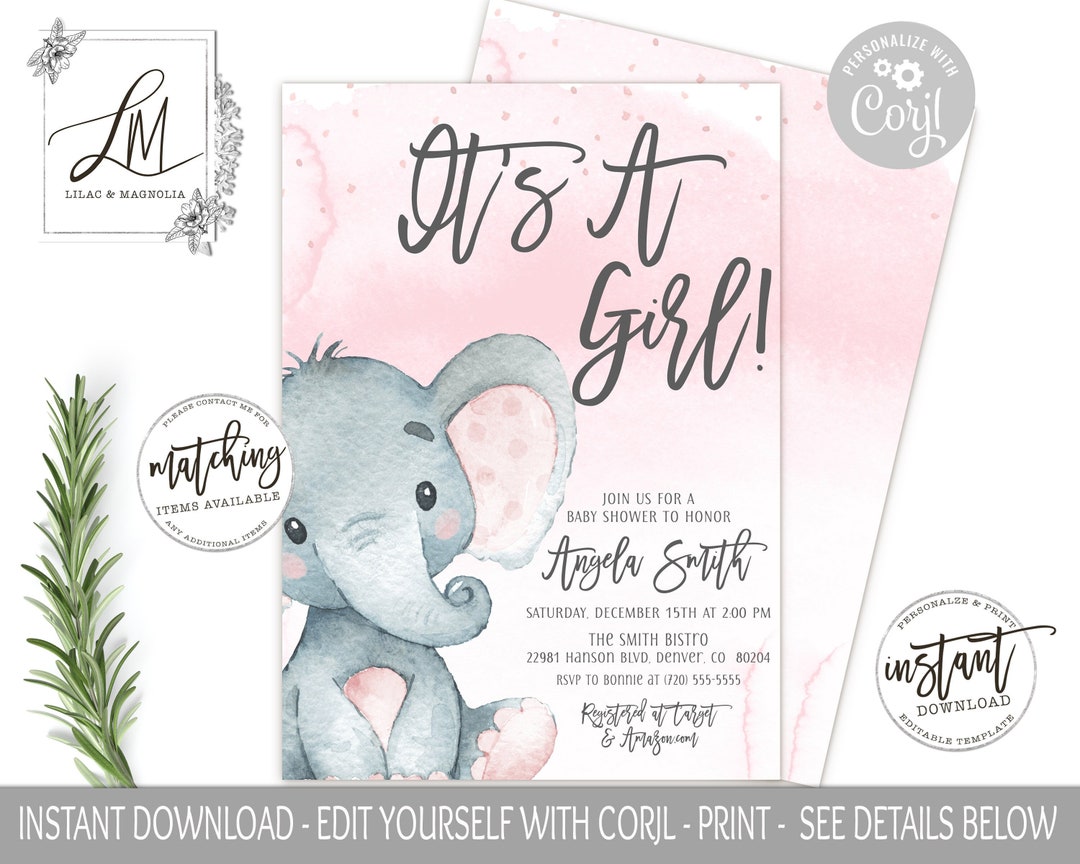 Pink Elephant Baby Shower Invitation, Its a Girl Baby Invitation ...