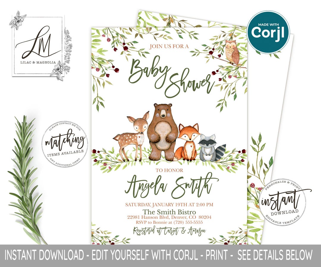 Woodland Animals Baby Shower Invitation: Watercolor Greenery (editable