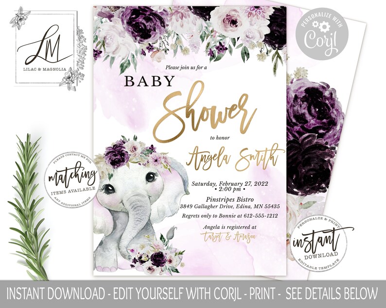 Purple Elephant Baby Shower Invitation Template, Lavender Editable Baby
