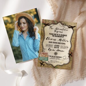 May include: A graduation invitation with a vintage travel theme. The invitation features a map background, airplanes, suitcases, and a compass. The text reads "The Adventure Begins" and includes the graduate's name, date, time, and location of the open house celebration.