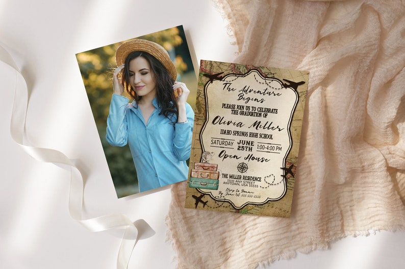 May include: A graduation invitation with a vintage travel theme. The invitation features a map background, airplanes, suitcases, and a compass. The text reads "The Adventure Begins" and includes the graduate's name, date, time, and location of the open house celebration.