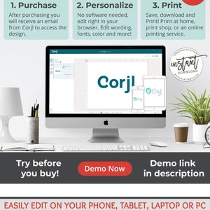 May include: A computer screen displaying a website with the text "How It Works" and three steps: Purchase, Personalize, and Print. The website is for a service that allows users to create and print personalized designs. The text "MADE WITH Corjl" is in the upper right corner of the screen. The screen is on a desk with a lamp, a keyboard, a mouse, and a plant.