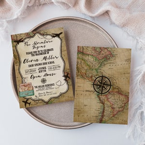 May include: A graduation invitation with a vintage world map background. The text reads "The Adventure Begins" and includes the graduate's name, Olivia Miller, the date and time of the open house, and the location. The invitation features a compass and suitcases.
