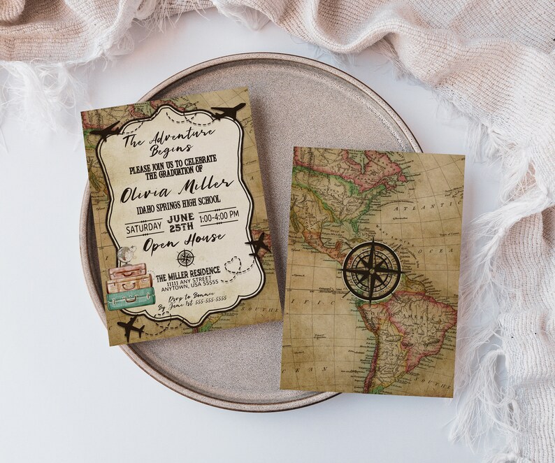 May include: A graduation invitation with a vintage world map background. The text reads "The Adventure Begins" and includes the graduate's name, Olivia Miller, the date and time of the open house, and the location. The invitation features a compass and suitcases.