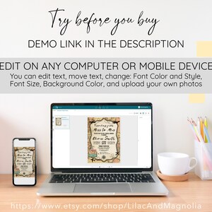 May include: A laptop and smartphone displaying a wedding invitation design with the text "Try before you buy" and "Edit on any computer or mobile device." The invitation features a vintage map theme with the text "Trending from Miss to Mrs."