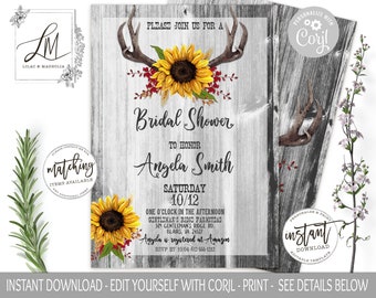 Rustic Sunflower Bridal Shower Invitation, Deer Antlers (Corjl DIY)