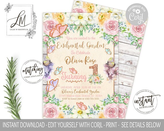 Enchanted Garden Birthday Invitation: Floral Butterfly Theme (EDITABLE at Corjl)