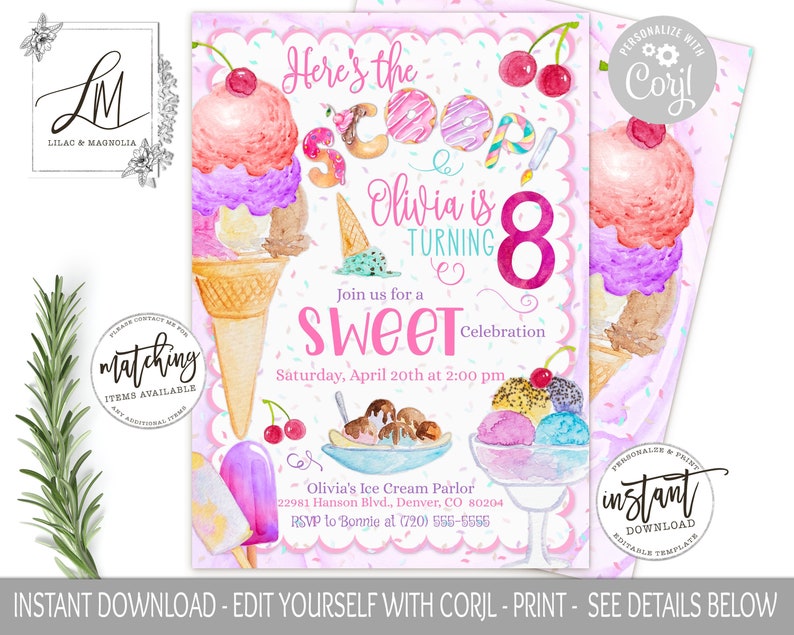 Op de afbeelding: Roze en witte verjaardagsuitnodiging met een aquarel-illustratie van ijshoorns, sprinkels en de tekst "Here's the scoop! Olivia is turning 8. Join us for a sweet celebration. Saturday, April 20th at 2:00 pm. Olivia's Ice Cream Parlor, 22981 Hanson Blvd., Denver, CO 80204. RSVP to Bonnie at (720) 556-5556."