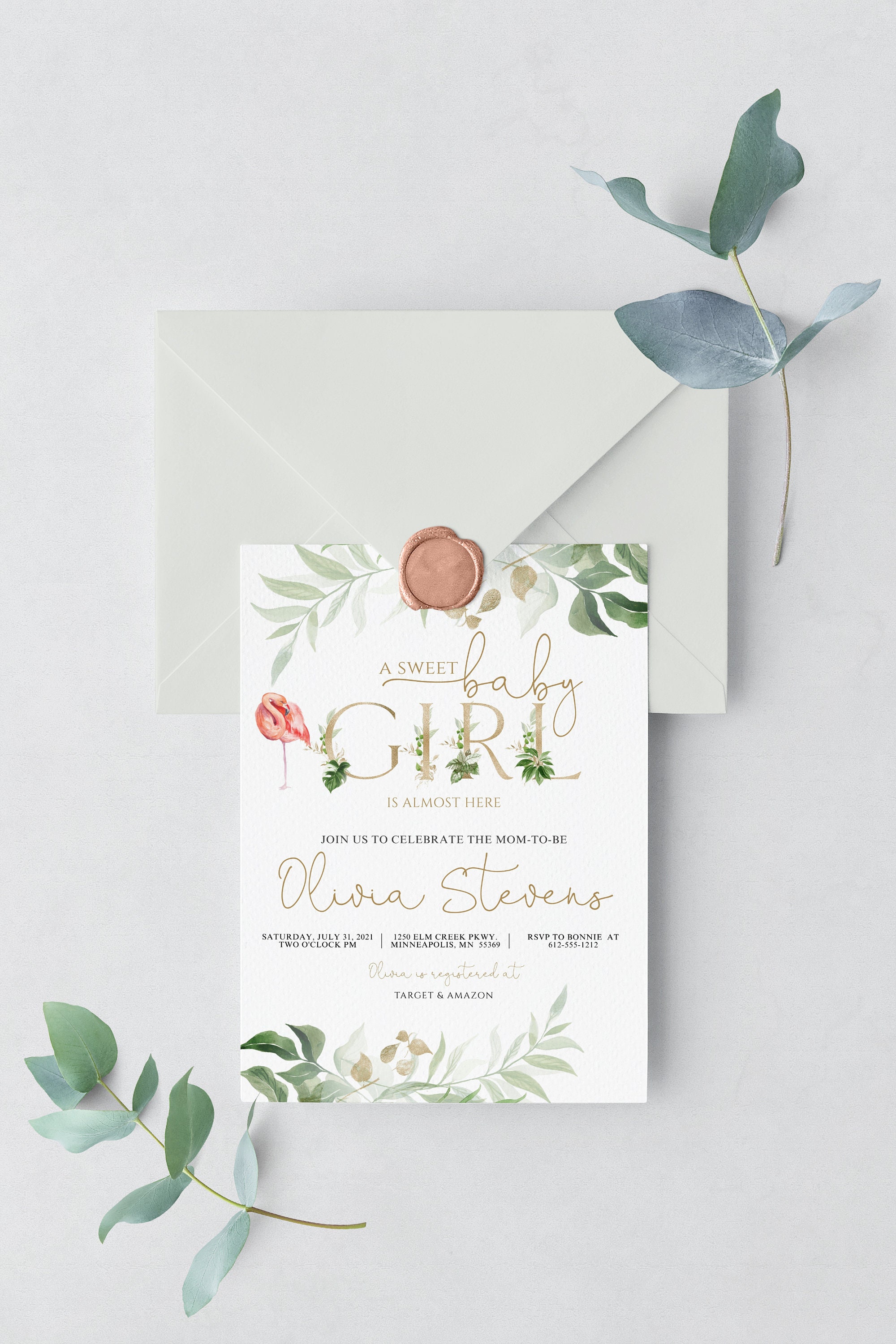 Gold Letters Baby Shower Invitation Editable Tropical Girl - Etsy