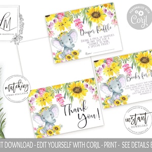 Sunflower Elephant Baby Shower Inserts, Thank You Card, Diaper Raffle, Books For Baby, Purple Elephant Sunflower baby shower set, Edit Corjl